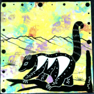 Image of Mana Pottery 6-inch tile featuring coatimundi in desert on bright yellow.