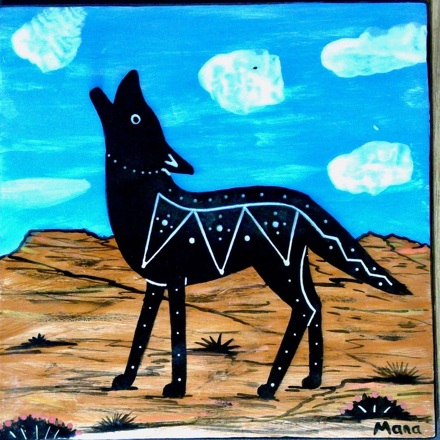 Image of Mana Pottery 6-inch tile featuring howling coyote in desert under blue sky and fluffy clouds.