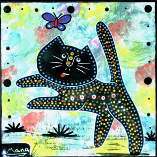 Image of Mana Pottery six inch tile featuring playful kitty against blue green yellow mix.