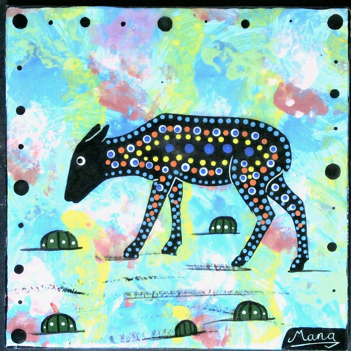 Image of Mana Pottery 6-inch tile featuring deer in Peyote grove.