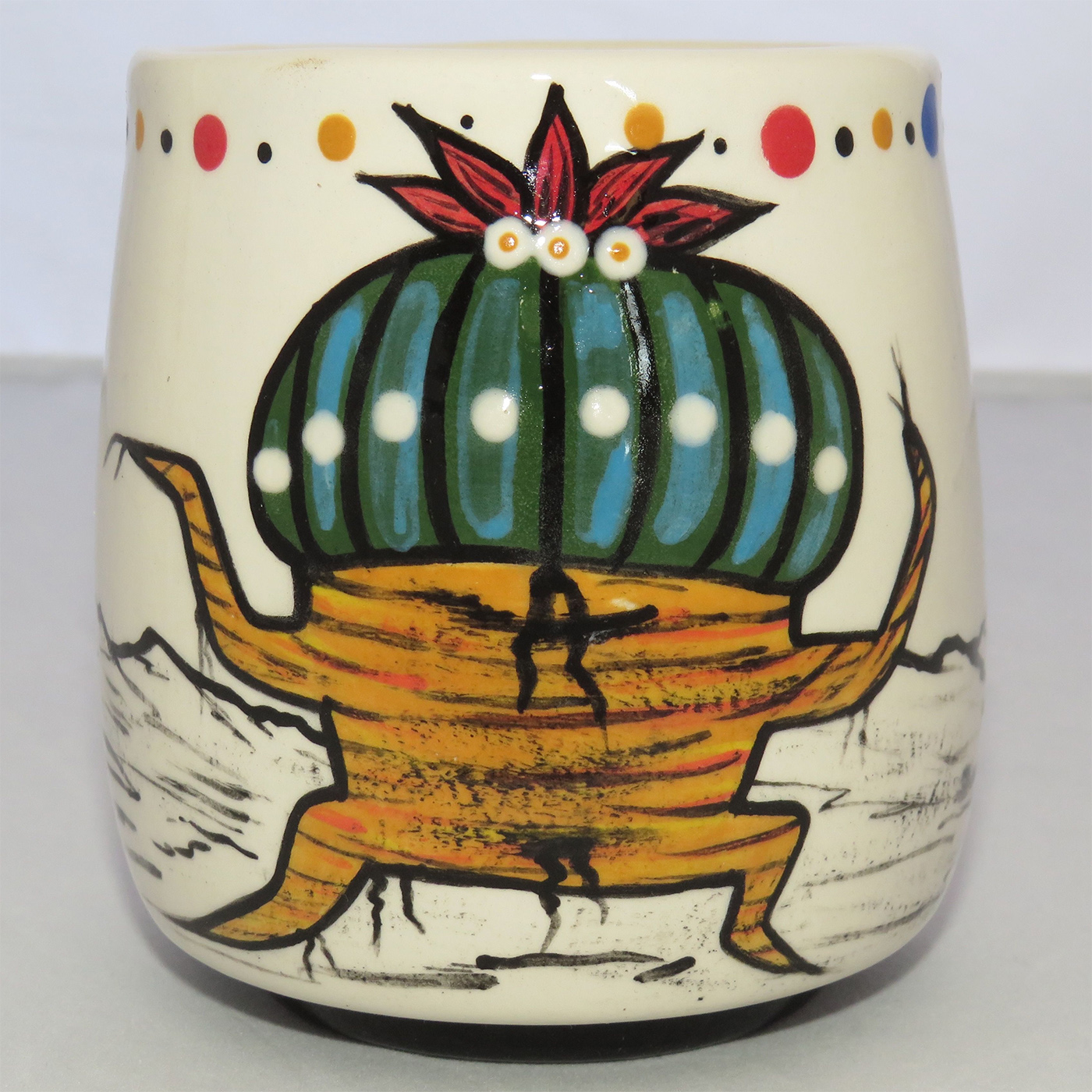Image of Mana Pottery Country Cup featuring Dancing Peyote and Hawk. No handle.