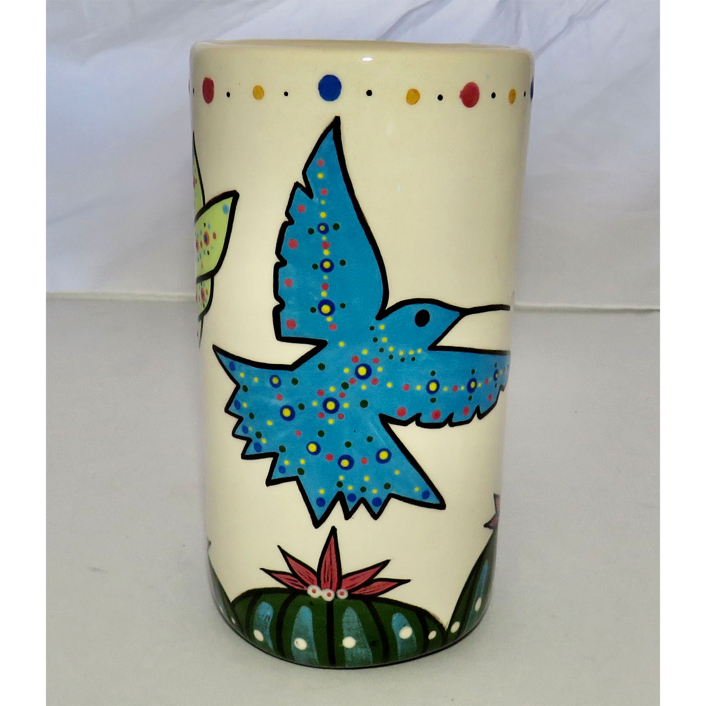 Image of Mana Pottery Tumbler/Vase, featuring 3 different color hummingbirds above Peyote.