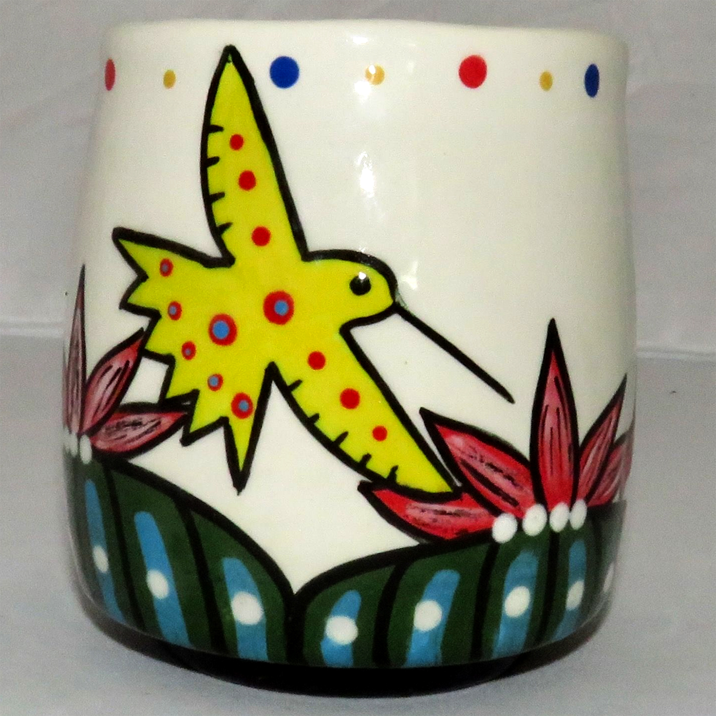 Image of Mana Pottery Country Cup featuring Hummingbirds sipping from Peyote blossoms. No handle.