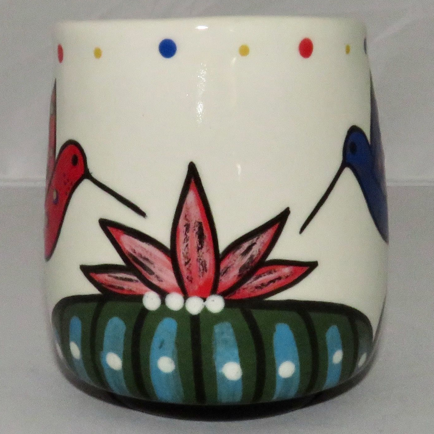 Image of Mana Pottery Country Cup featuring Hummingbirds sipping from Peyote blossoms. No handle.