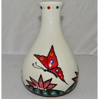 Mana Pottery Teardrop Vase featuring a dragonfly and two butterflies hovering over blossoming Peyote