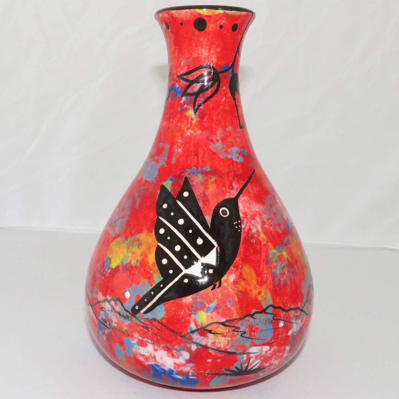 Mana Pottery Teardrop Vase with hummingbirds on reverse sides on rose.