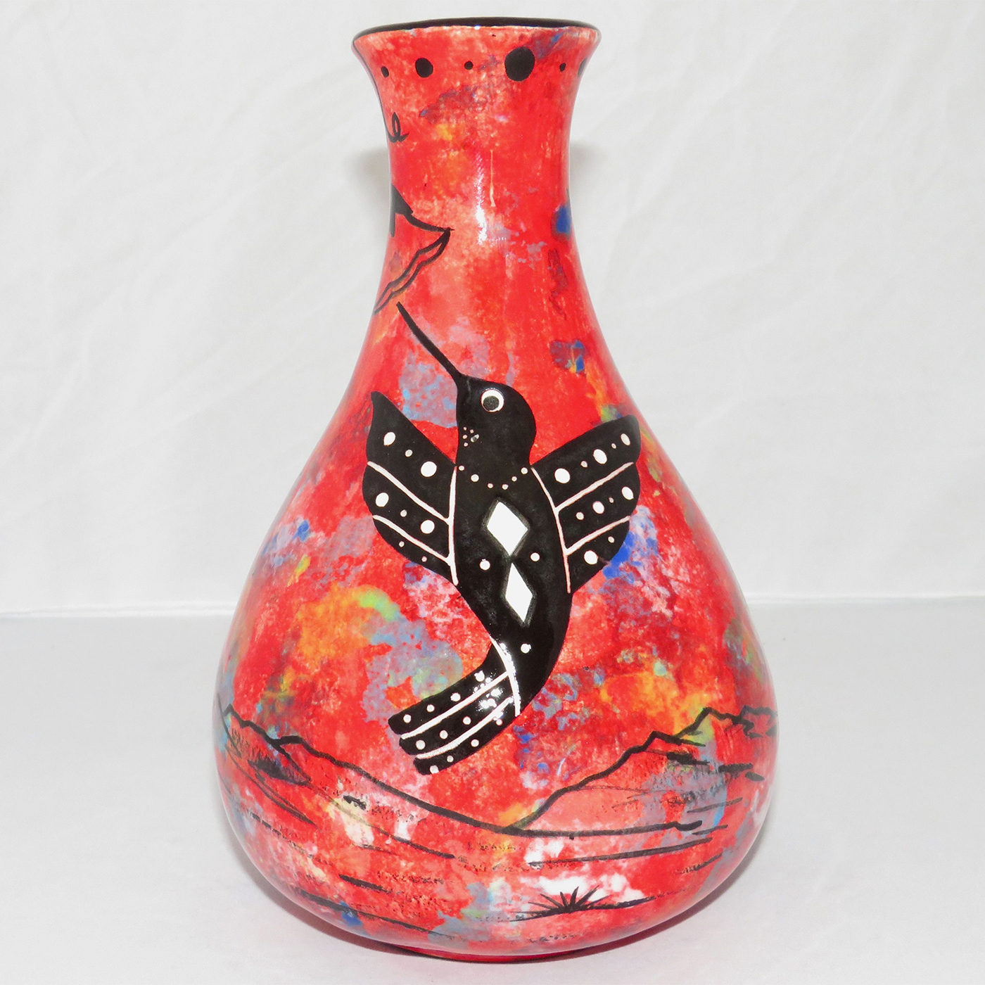 Mana Pottery Teardrop Vase with hummingbirds on reverse sides on rose.