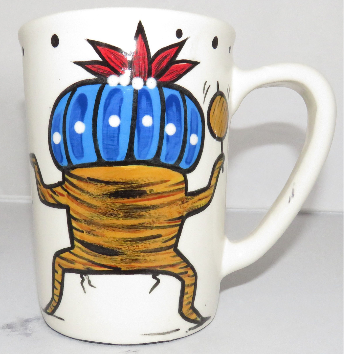 Mana Pottery large mug featuring Dancing Peyote with blue top on one side and Aravaipa desert scene on reverse