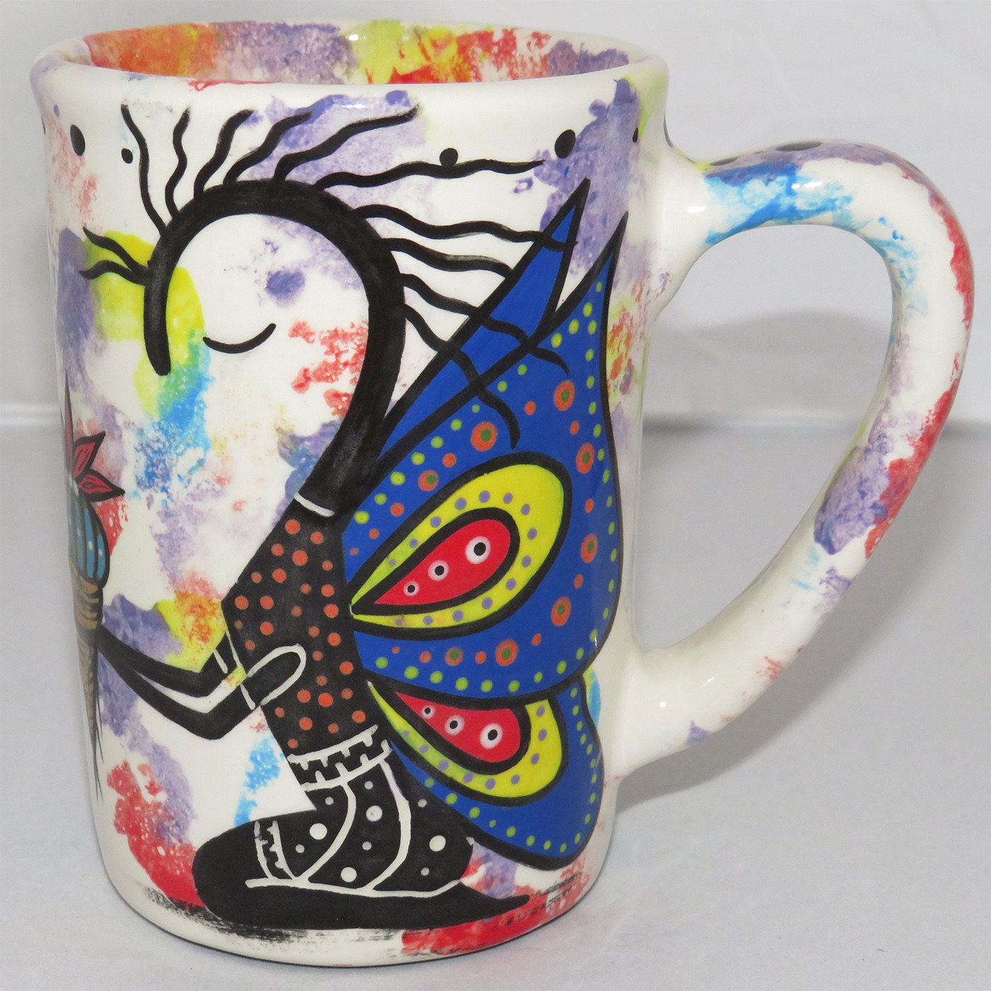 Mana Pottery large mug featuring colorful Peyote Guardian Spirit on one side and Aravaipa desert scene on reverse