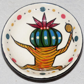Image of Mana Pottery Holy Bowl featuring Dancing Peyote with gourd, and black and white marbled underside.