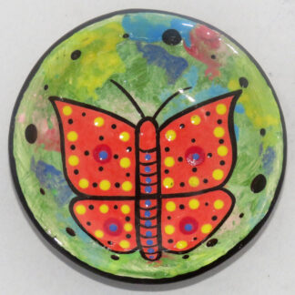 Mana Pottery Holy Bowl featuring orange and yellow butterfly on bright green background, and black and white marbled underside.