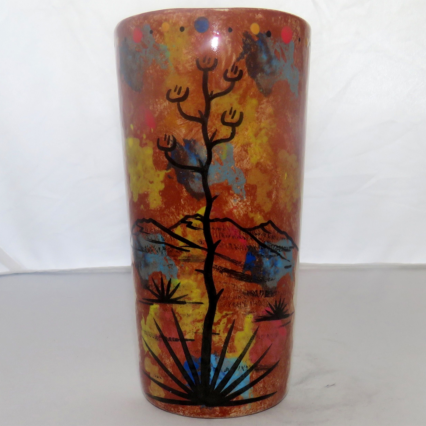 Mana Pottery Tumbler-Vase featuring Dancing Peyote with gourd and brilliant desert landscape on reverse sides