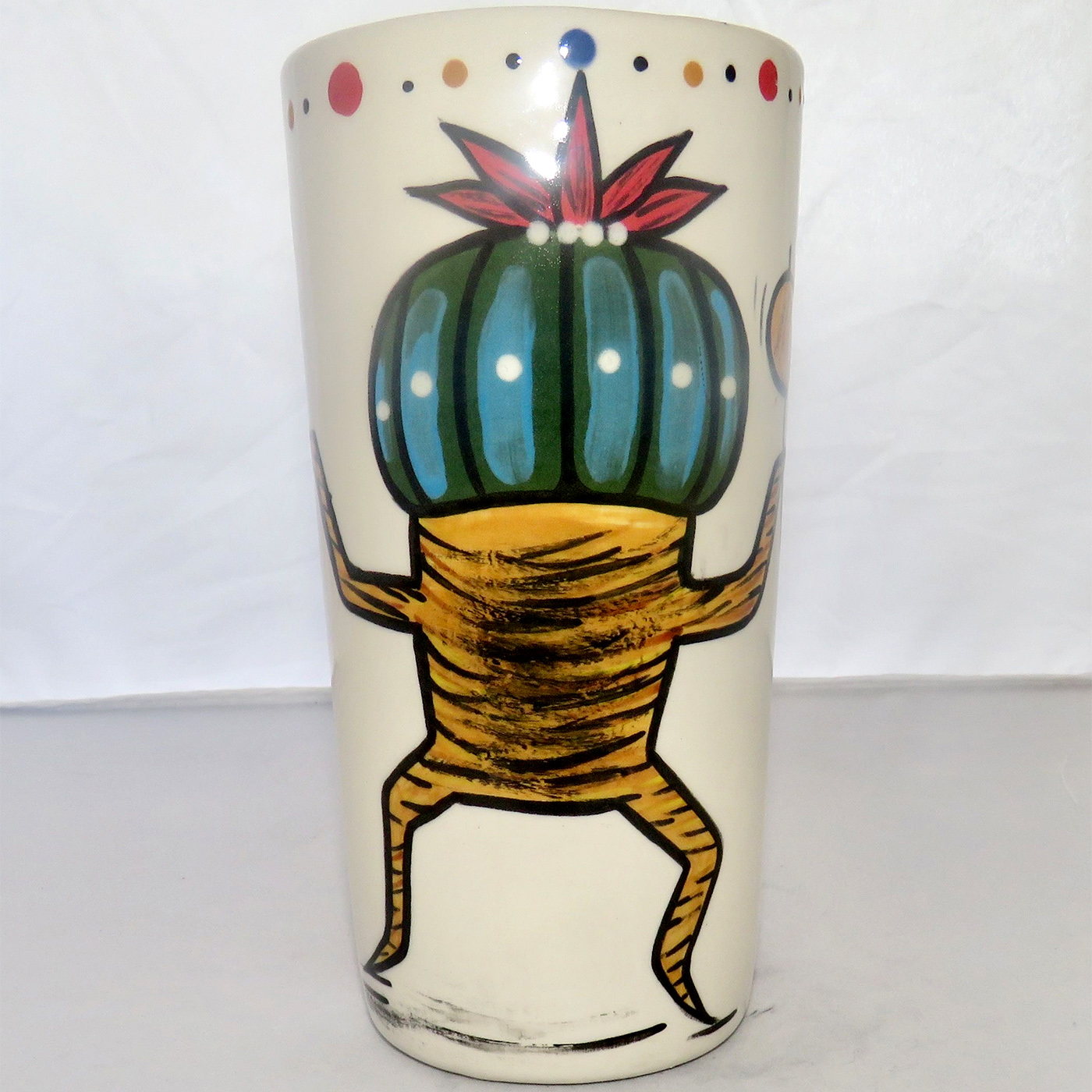 Mana Pottery Tumbler-Vase featuring Dancing Peyote with gourd and brilliant desert landscape on reverse sides