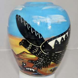Mana Pottery Simple Five Inch Vase featuring magnificent hawk threatening fast fleeing rabbit against flaming desert dawn.