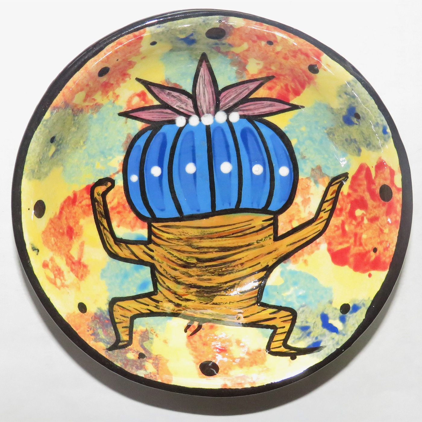 Mana Pottery Holy Bowl featuring Dancing Peyote on background accented with bright yellow, teal and scarlet.