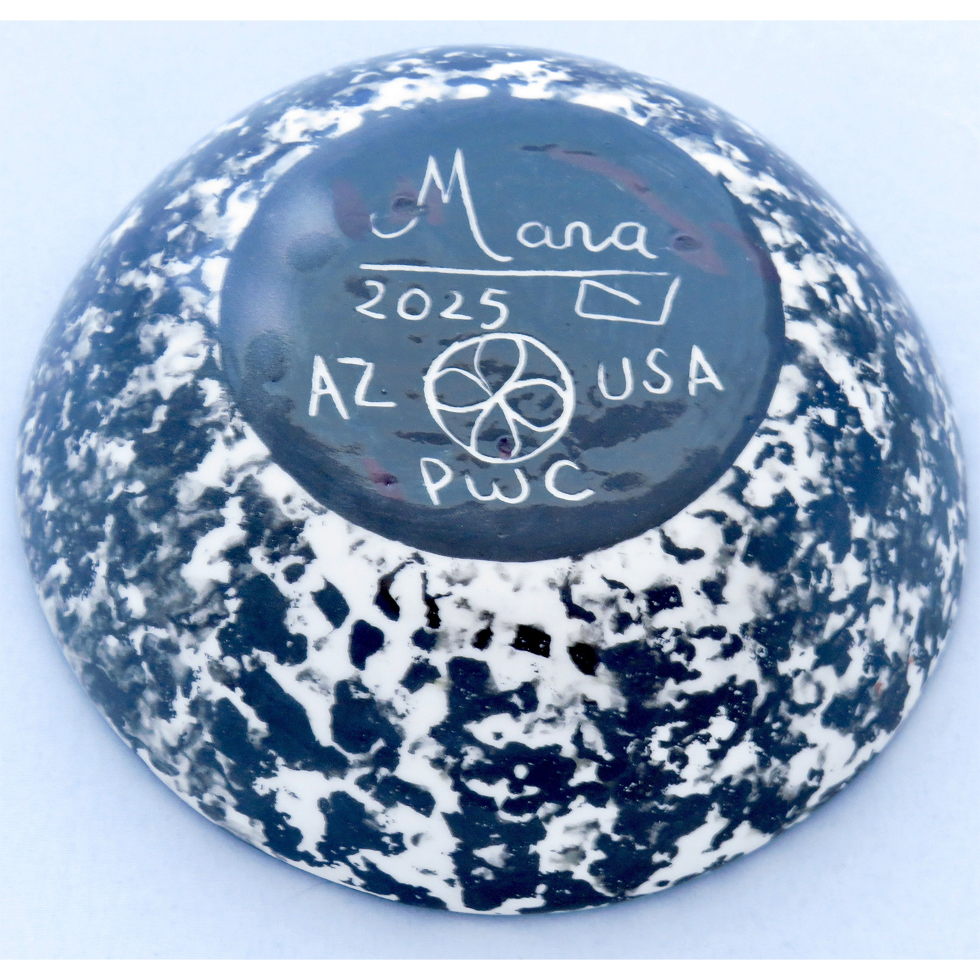 Mana Pottery Holy Bowl featuring Dancing Peyote with gourd, and black and white marbled base.