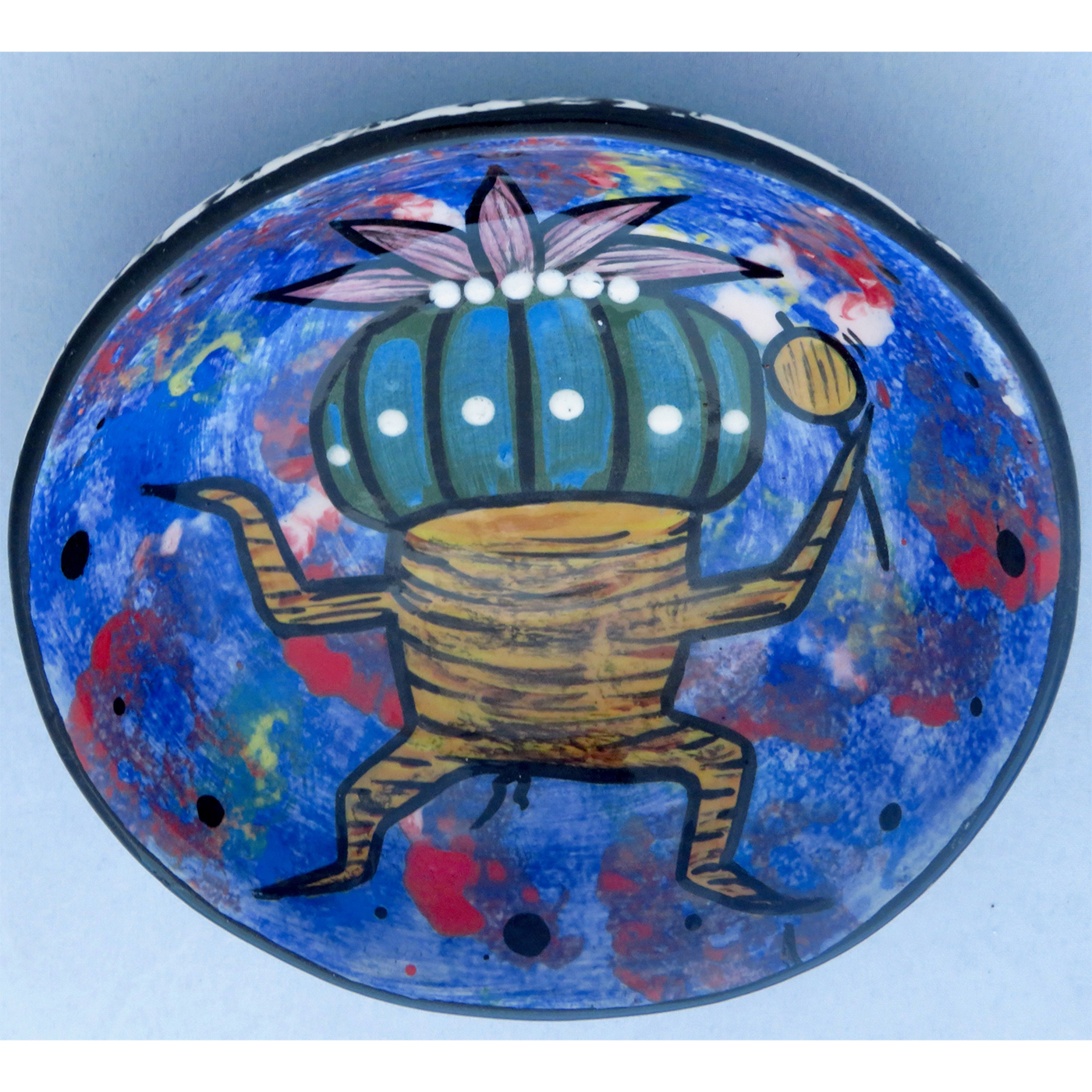 Mana Pottery Holy Bowl featuring Dancing Peyote with gourd, and black and white marbled base.
