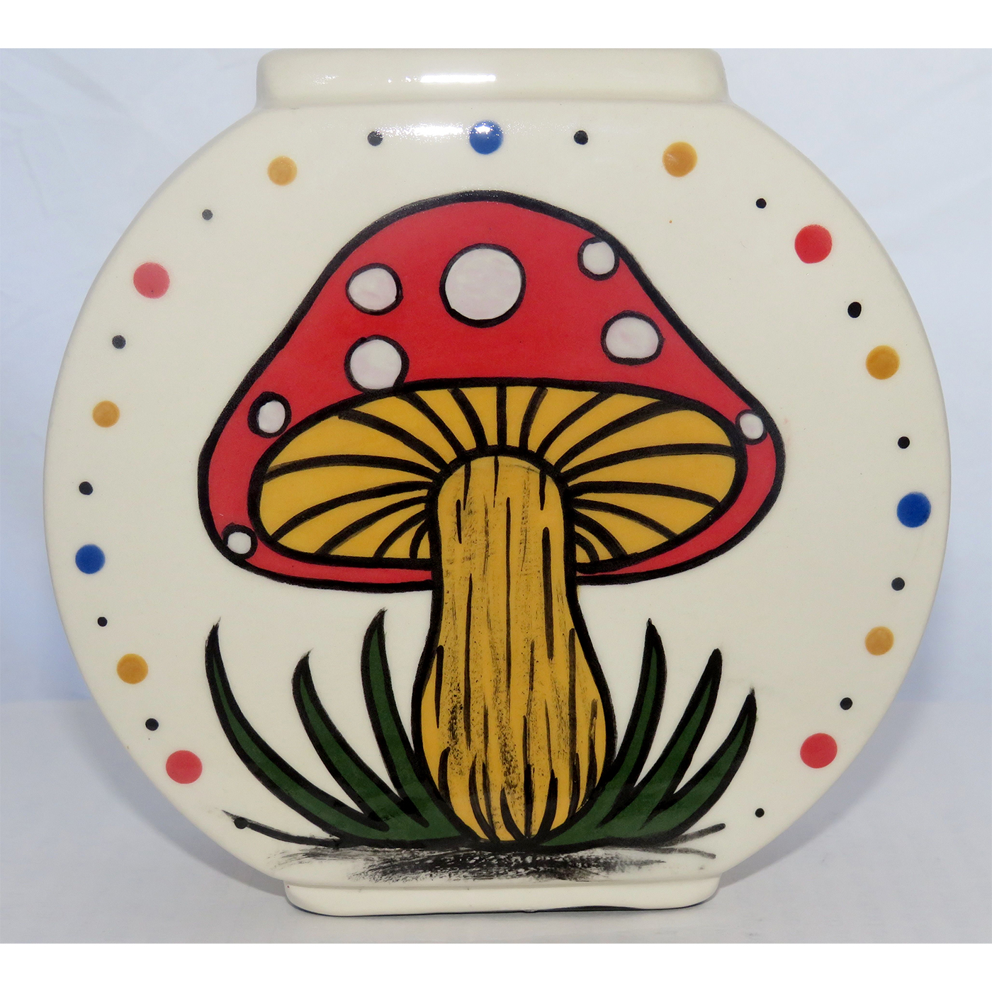 Mana Pottery Pillow Vase with mushroom shaman and mushroom on reverse sides.