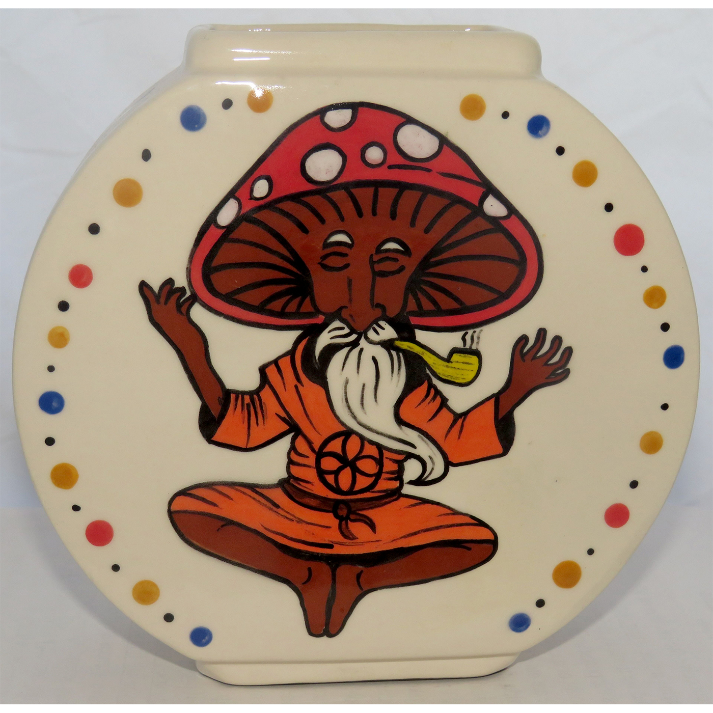 Mana Pottery Pillow Vase with mushroom shaman and mushroom on reverse sides.