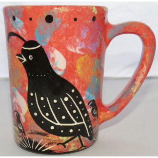 Photo of Mana Pottery Large Mug featuring quail family in desert on a rose background.