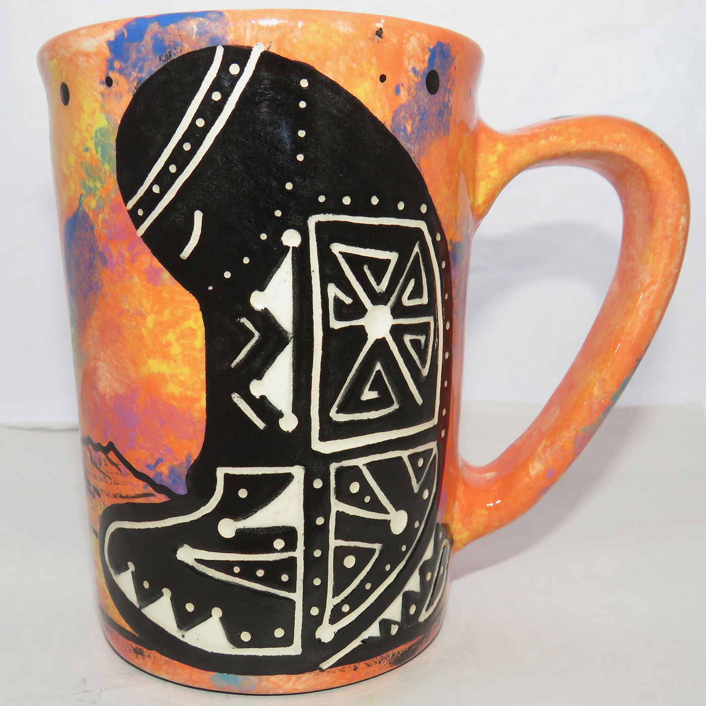 Mana Pottery Large Mug featuring a Spirit Walker praying in a brilliant desert sunrise.