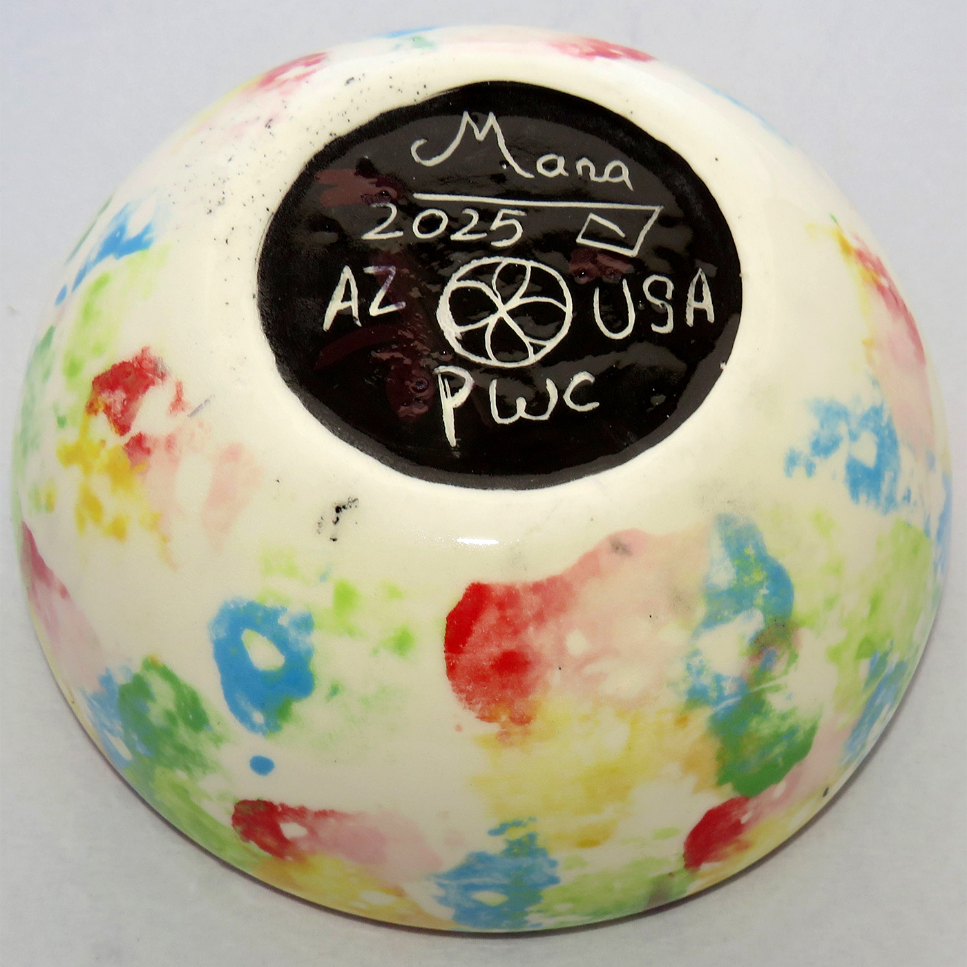 Photo of Mana Pottery Large Soup Bowl featuring the Peyote, Guardian Spirit, with multicolored pattern on underside.