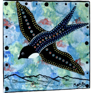 Mana Pottery 6 inch clay tile with barn swallow on blue desert background