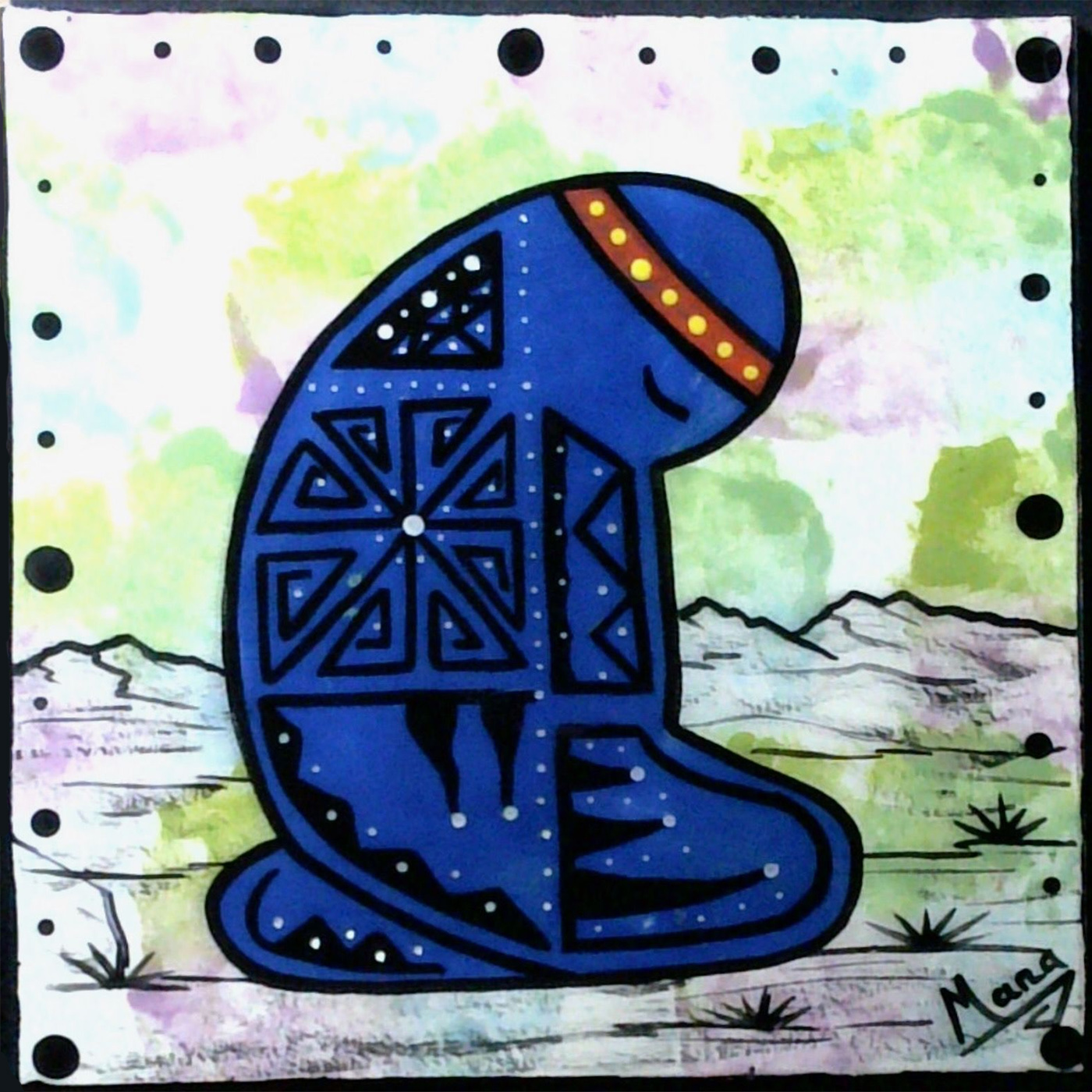 Mana Pottery 6" Tile featuring deep blue Spirit Walker in desert landscape.