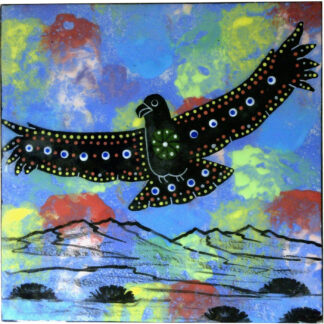 Image of Mana Pottery 6" Tile featuring hawk in flight high up in the sky.
