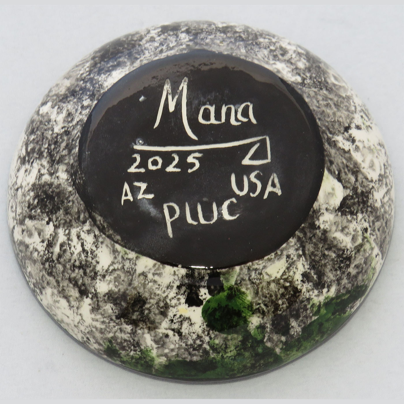 Photo of Mana Pottery Holy Bowl featuring deep green Peyote in rosy star-shaped bloom. This view shows the black and white marbled underside.