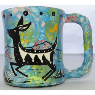 Image of Mana Pottery Rope Mug featuring running deer in desert landscape on a background of turquoise blue.