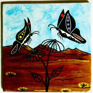 Image of Mana Pottery 6" Tile featuring two butterflies against desert landscape