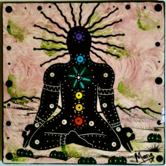 Image of Mana Pottery 6" tile featuring Chakra Being in desert on a background of pink with accents of green.