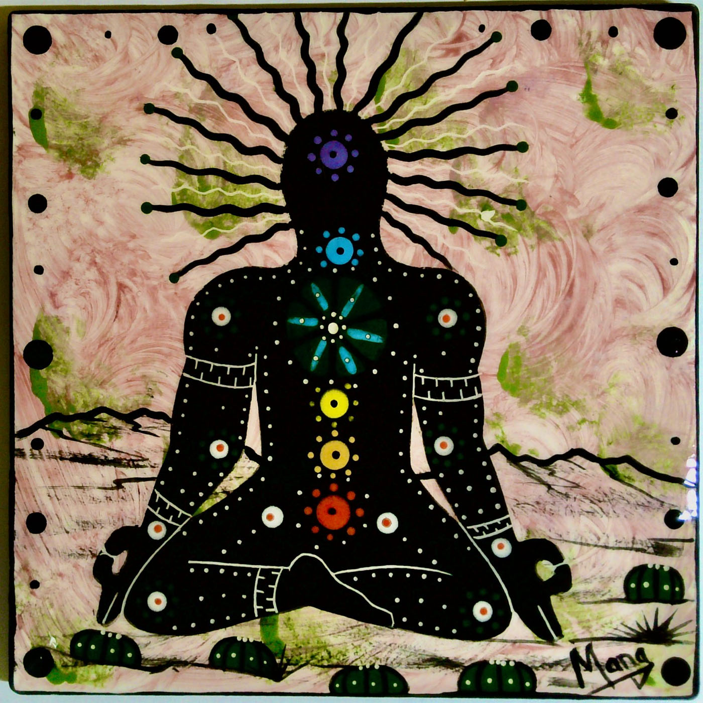 Image of Mana Pottery 6" tile featuring Chakra Being in desert on a background of pink with accents of green.