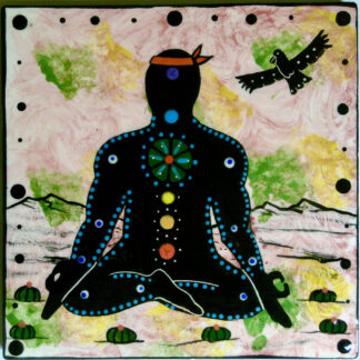 Image of Mana Pottery 6" tile featuring Chakra Being and hawk in desert on a background of pink with accents of yellow and green.