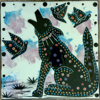 Image of Mana Pottery 6" tile featuring coyote and butterflies on a background of pale green with blue and pink accents.