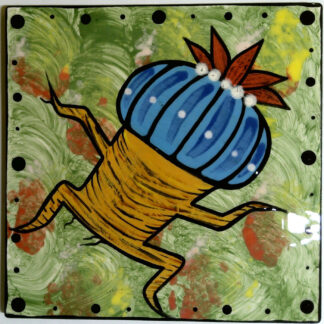 Image of Mana Pottery 6" tile featuring Dancing Peyote with blue cap on green background.