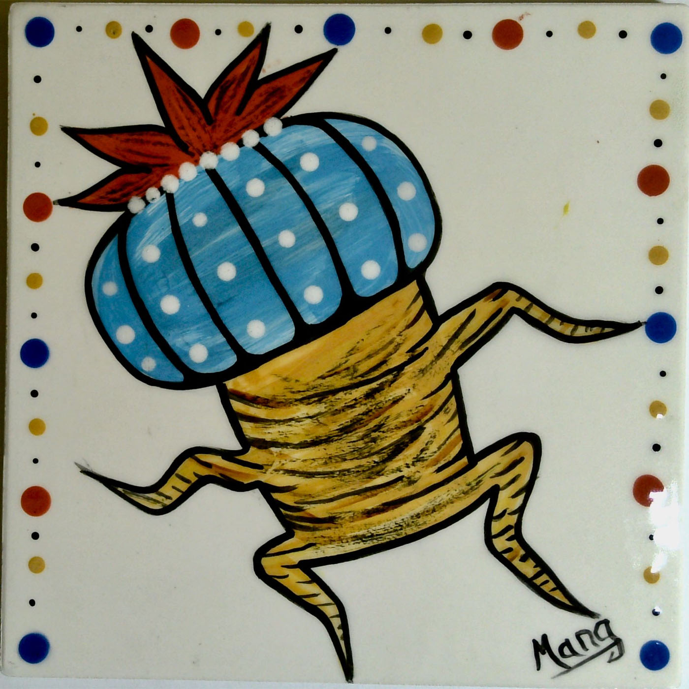 Image of Mana Pottery 6" tile featuring Dancing Peyote with blue cap on cream background.