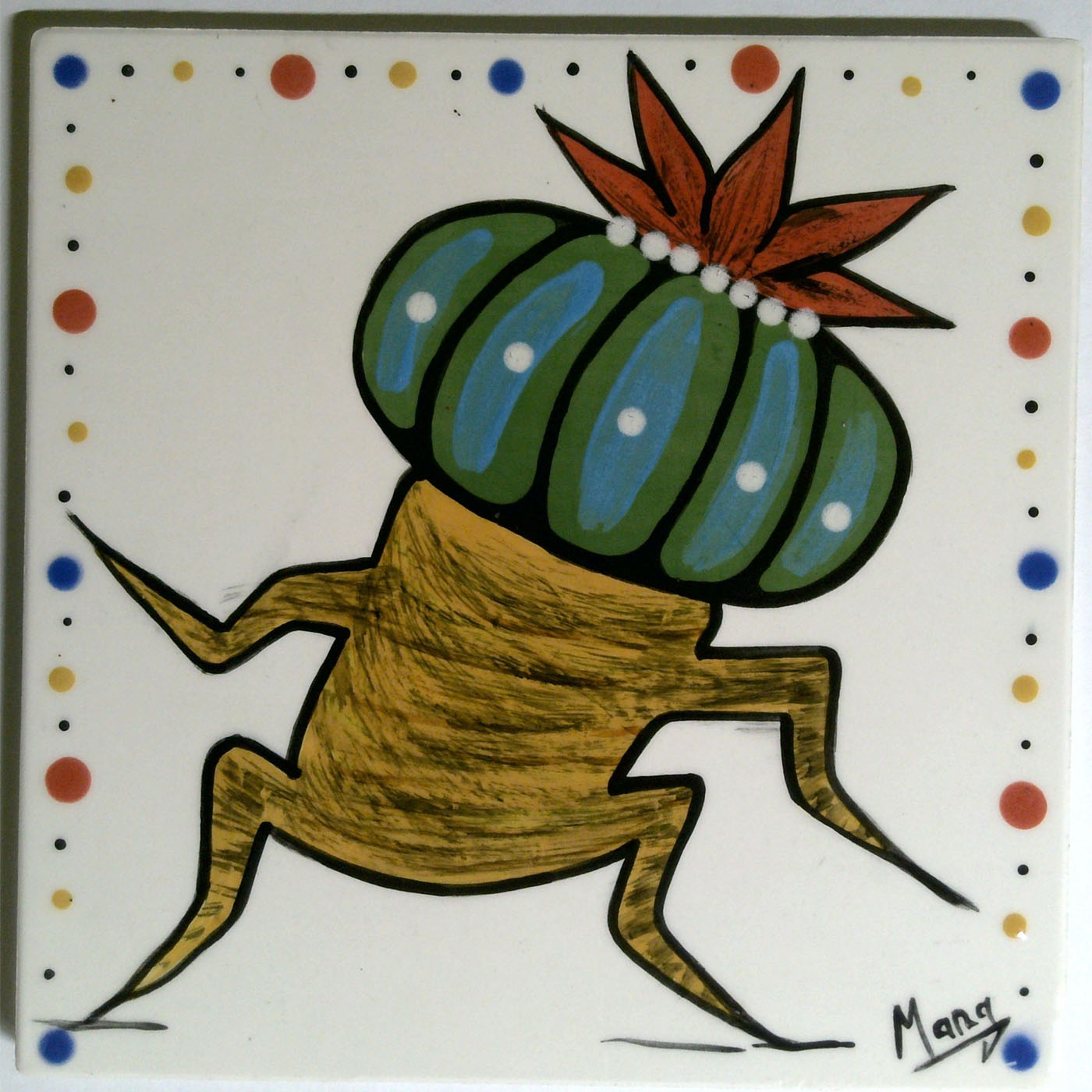 Image of Mana Pottery 6" tile featuring Dancing Peyote with green cap on cream background.