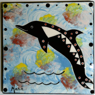 Image of Mana Pottery 6" tile featuring dolphin on a turquoise blue background.