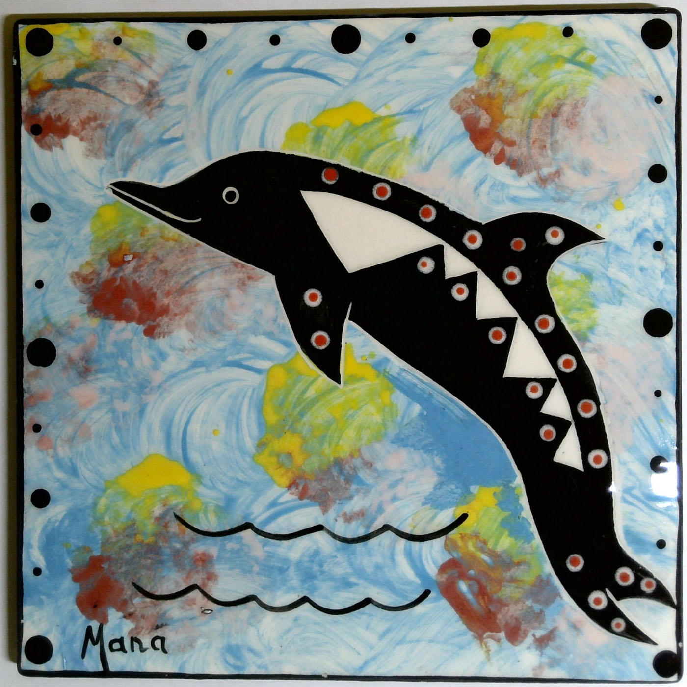 Image of Mana Pottery 6" tile featuring dolphin on a turquoise blue background.