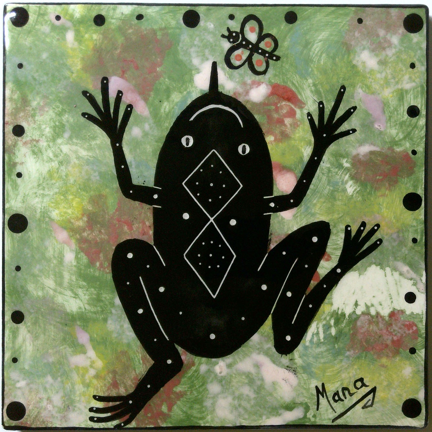 Image of Mana Pottery 6" tile featuring frog and dragonfly on a green background.