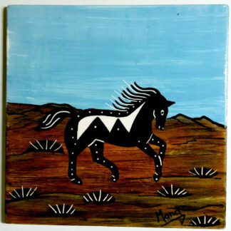 Image of Mana Pottery 6" tile featuring horse against desert earth and sky.