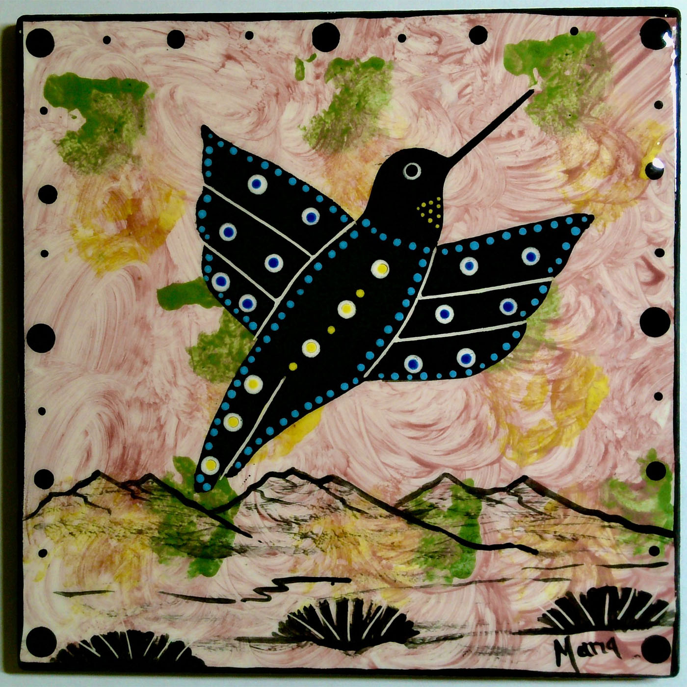Image of Mana Pottery 6" tile featuring hummingbird on desert landscape with a textured coral background.