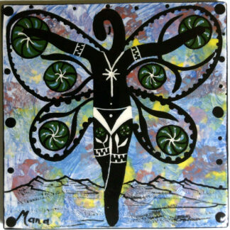 Image of Mana Pottery 6" tile featuring the Peyote Guardian Spirit on a background of blue.