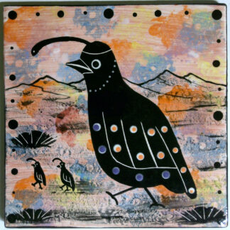 Image of Mana Pottery 6" tile featuring quail with 2 babies in the desert, on a mixed coral background.