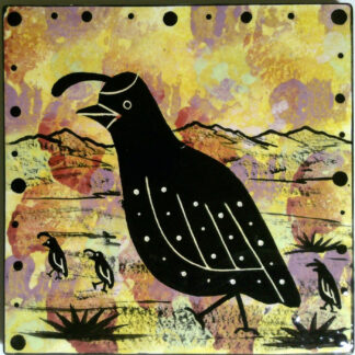 Image of Mana Pottery 6" tile featuring quail with 3 babies in the desert, on a mixed golden background.