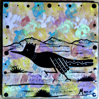 Image of Mana Pottery 6" tile featuring roadrunner in a dusky desert landscape.