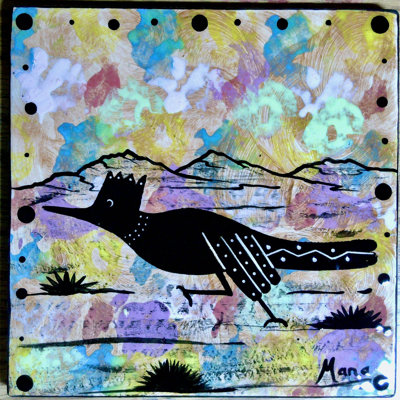 Image of Mana Pottery 6" tile featuring roadrunner in a dusky desert landscape.