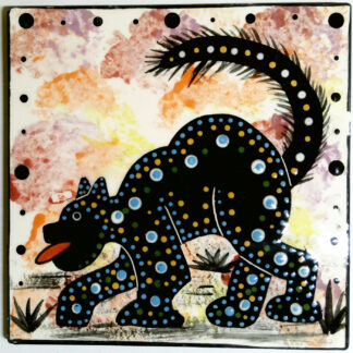 Image of Mana Pottery 6" tile featuring fluffed up unnerved kitty on mixed colors.